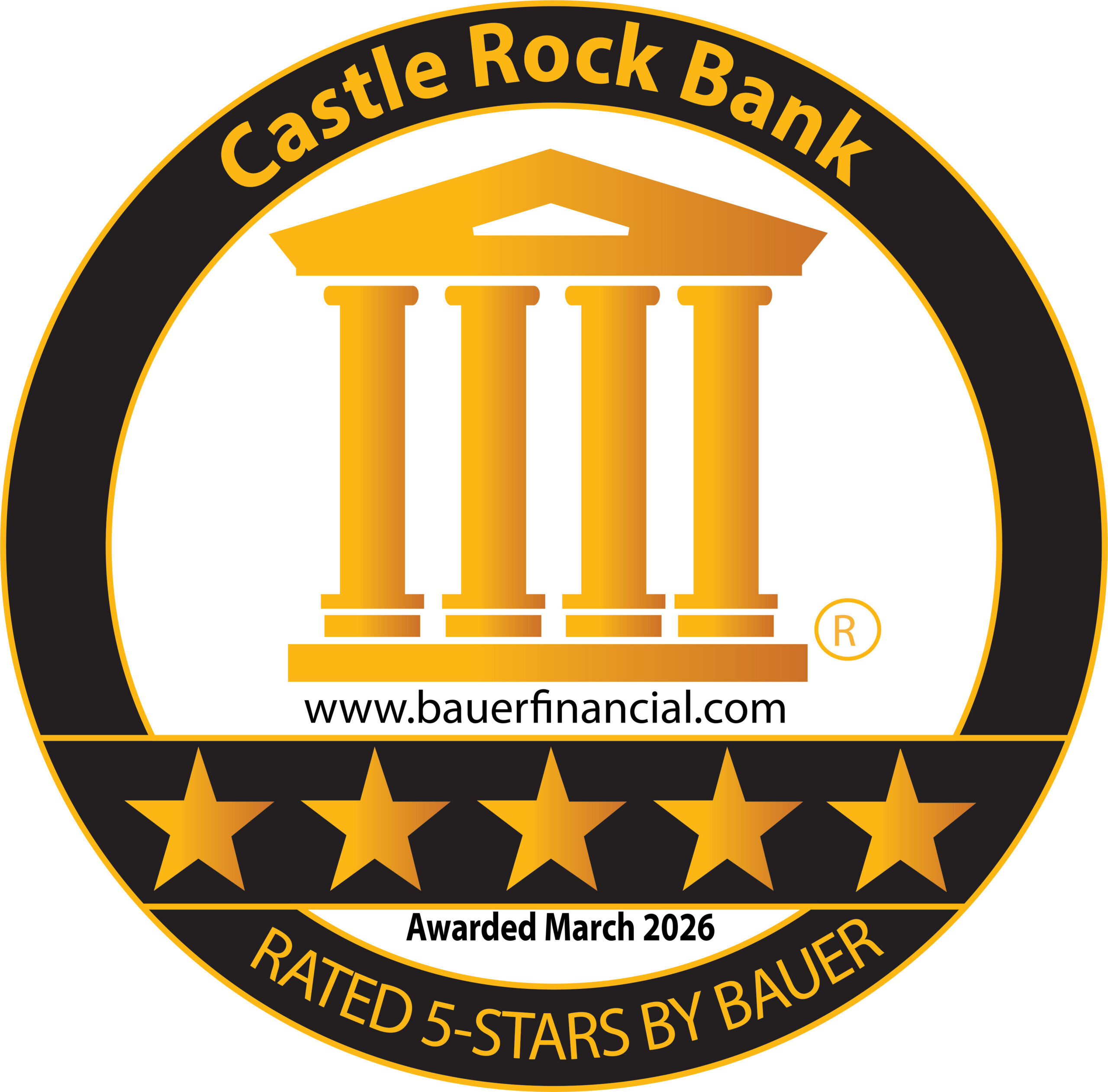 Castle Rock Bank five-star Bauer Financial award badge featuring gold stars and a bank column icon.