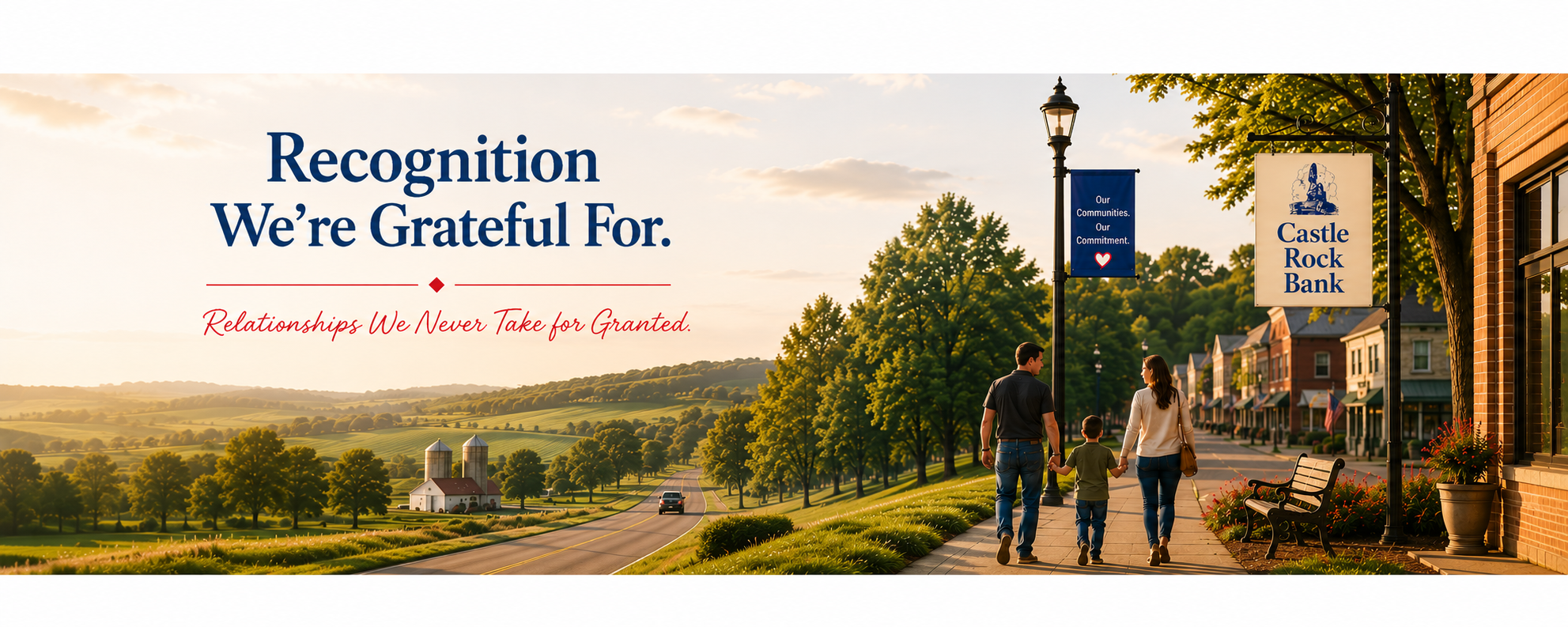 Castle Rock Bank recognition banner featuring a family walking through a small-town street beside farmland and community appreciation messaging.
