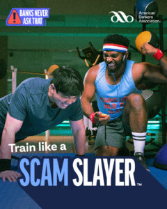 A Scam Slayer leads a workout class with the message “Train like a Scam Slayer,” encouraging consumers to build their fraud-fighting skills.