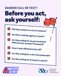 Fraud prevention checklist encouraging people to question unexpected calls or texts, urgency, requests for personal information, one-time passcodes, and demands for secrecy.
