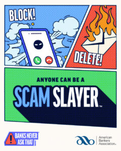 Comic-style Scam Slayer graphic showing a suspicious phone call being blocked and a scam message being deleted.